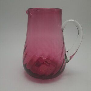 Hand Blown Pilgrim Cranberry Glass Pitcher Applied Clear Handle